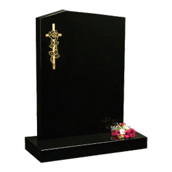 Black Granite Headstone and Base Memorial with Gold Cross and Rose Design